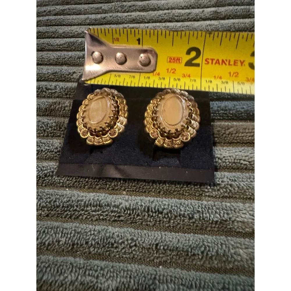 Vintage W. Germany Gold Tone Oval‎ Clip On Earrings Elegant Rhinestone Accents